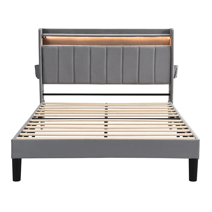 Upholstered velvet grey double bed with storage headboard, LED lighting and charging ports 135x190cm FIRNSNOW UK