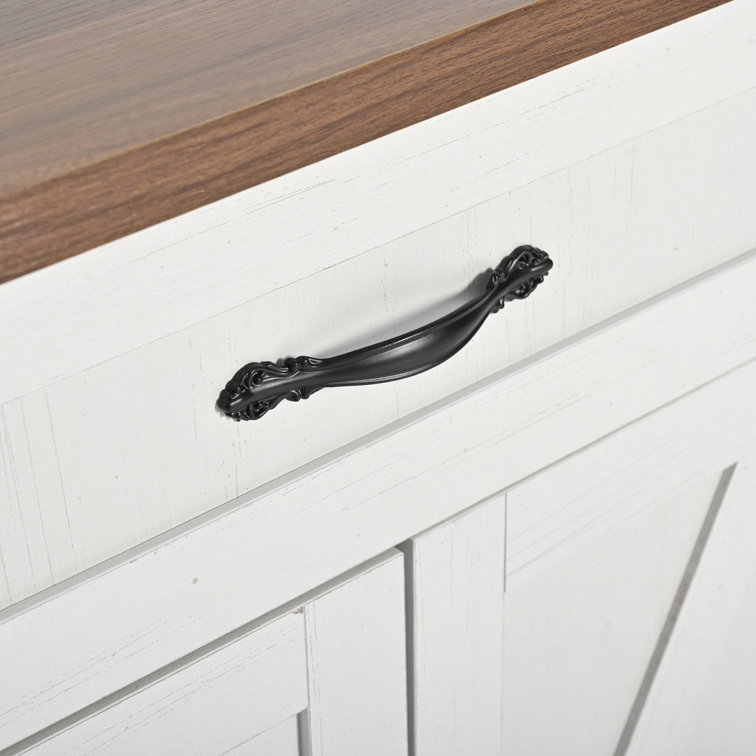 White farmhouse style rolling kitchen island with fold-out top and racks SALTMARSH