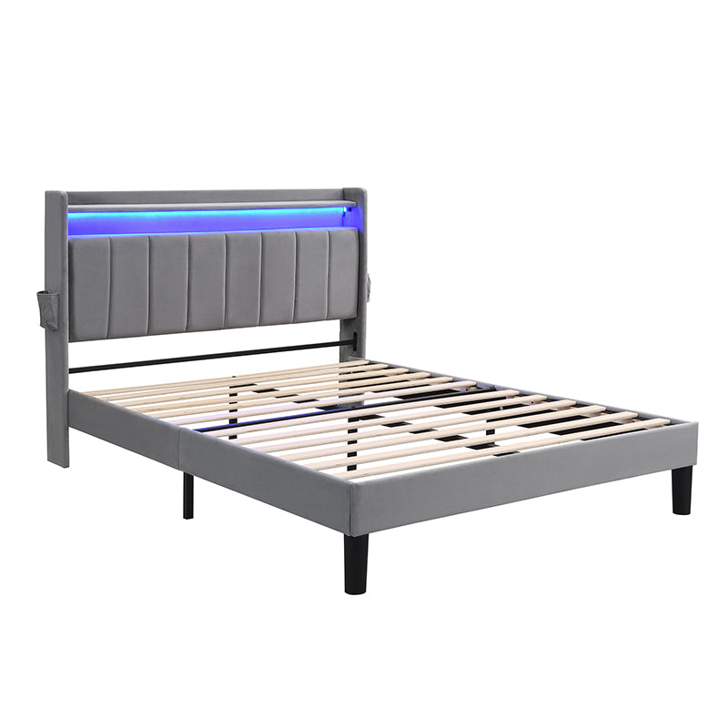 Upholstered velvet grey double bed with storage headboard, LED lighting and charging ports 135x190cm FIRNSNOW UK