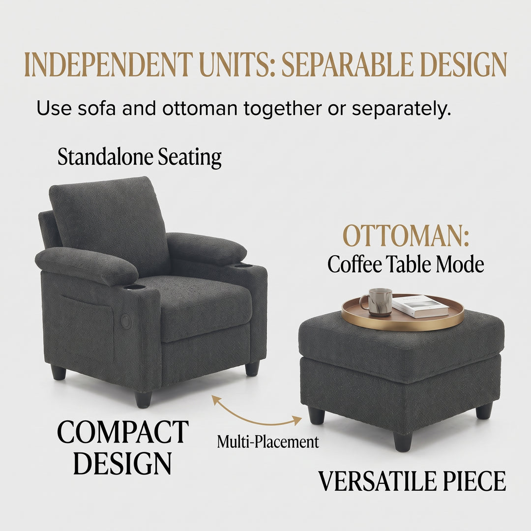 Multi-Functional Grey Corduroy Single Sofa with Adjustable Back and Hidden Storage Ottoman WOODPILLOW