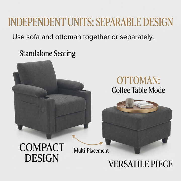 Multi-Functional Grey Corduroy Single Sofa with Adjustable Back and Hidden Storage Ottoman WOODPILLOW