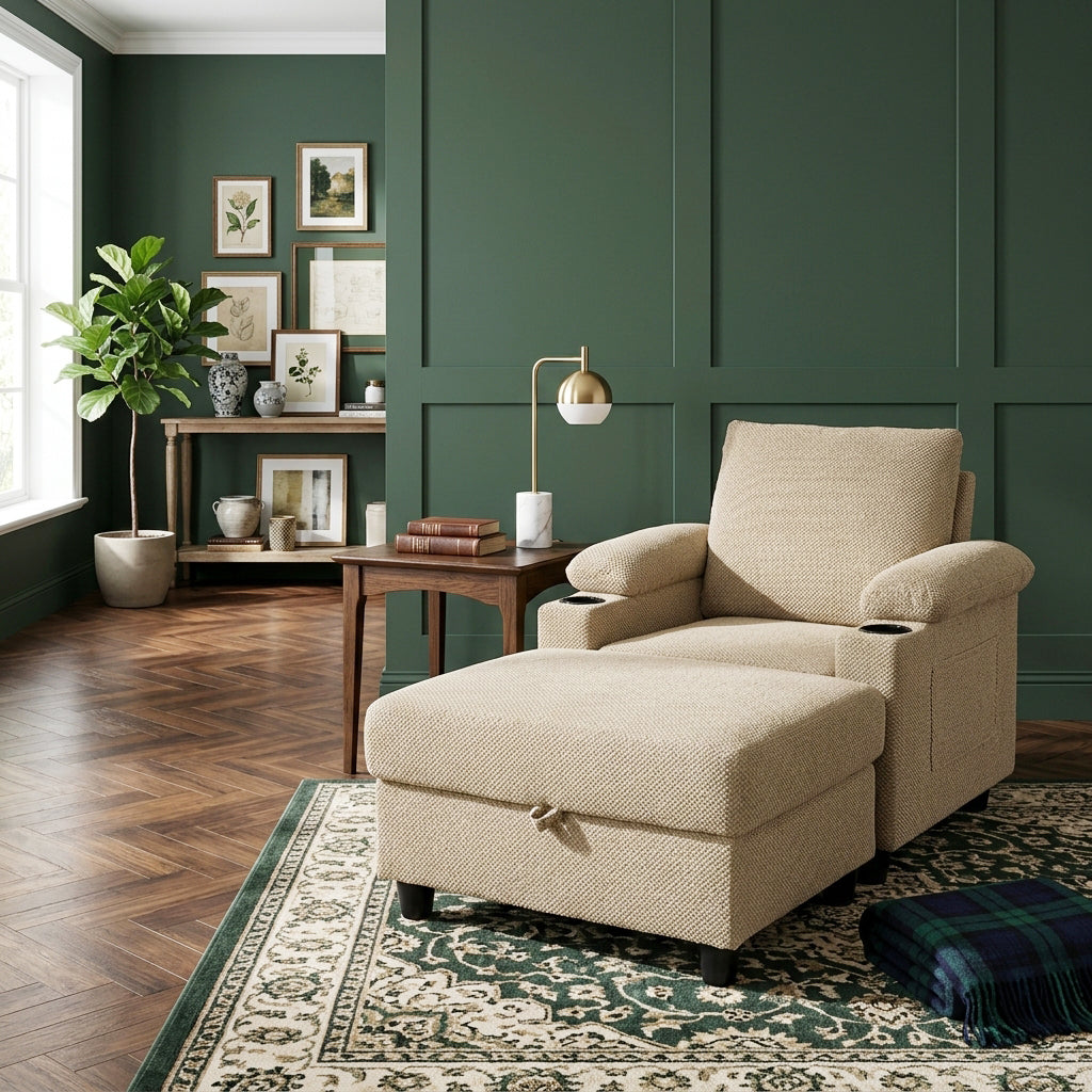 Multi-Functional Camel Corduroy Single Sofa with Adjustable Back and Hidden Storage Ottoman WOODONE