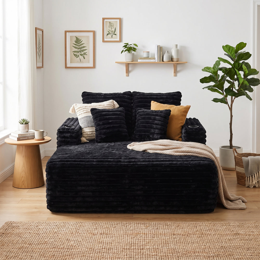 Black Ribbed Velvet Extra-Large Lounge Chair with Cupholders WICKERNIGHTSTAND