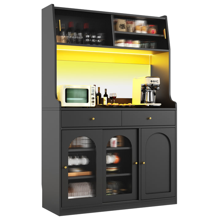Black high kitchen hutches with glass display and LED lighting BATHOLITH