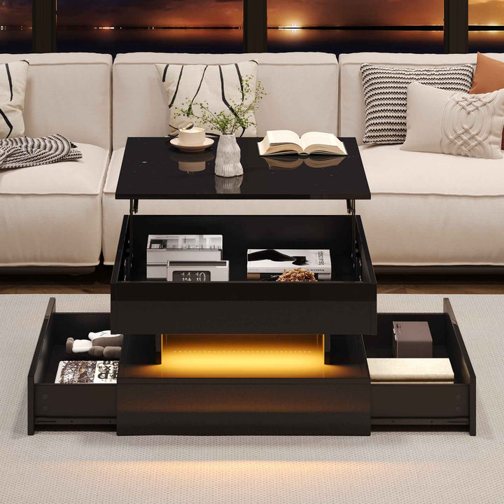 Lift top black high gloss coffee table with LED 2 drawers INFINITEMOMENTUU
