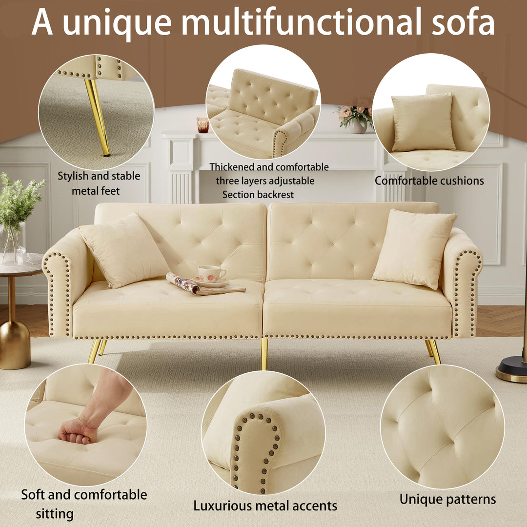 Modern upholstery velvet beige 2-seater sofa bed, adjustable backrest & gold-plated metal feet EUKARYOT