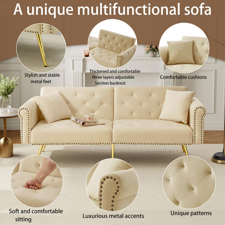 Modern upholstery velvet beige 2-seater sofa bed, adjustable backrest & gold-plated metal feet EUKARYOT