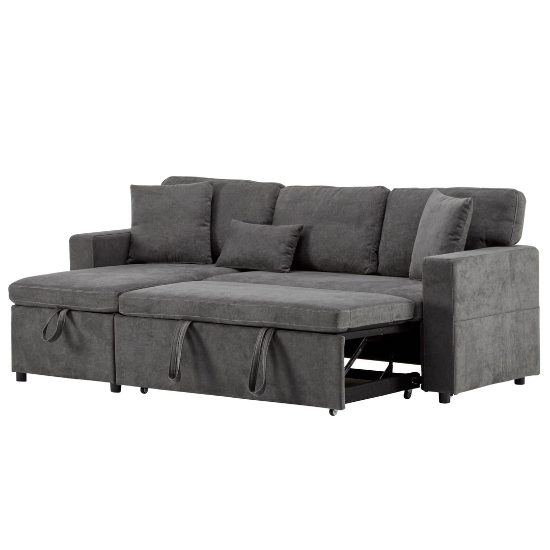 Grey L-shaped corner sofa bed, side shelf with integrated USB and storage VOLATILGAS