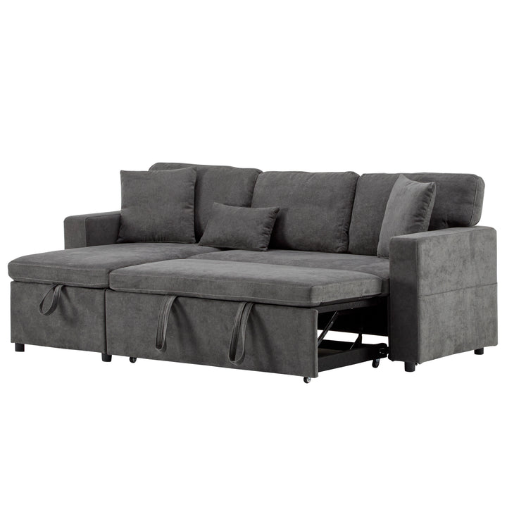 Grey L-shaped corner sofa bed, side shelf with integrated USB and storage VOLATILGAS