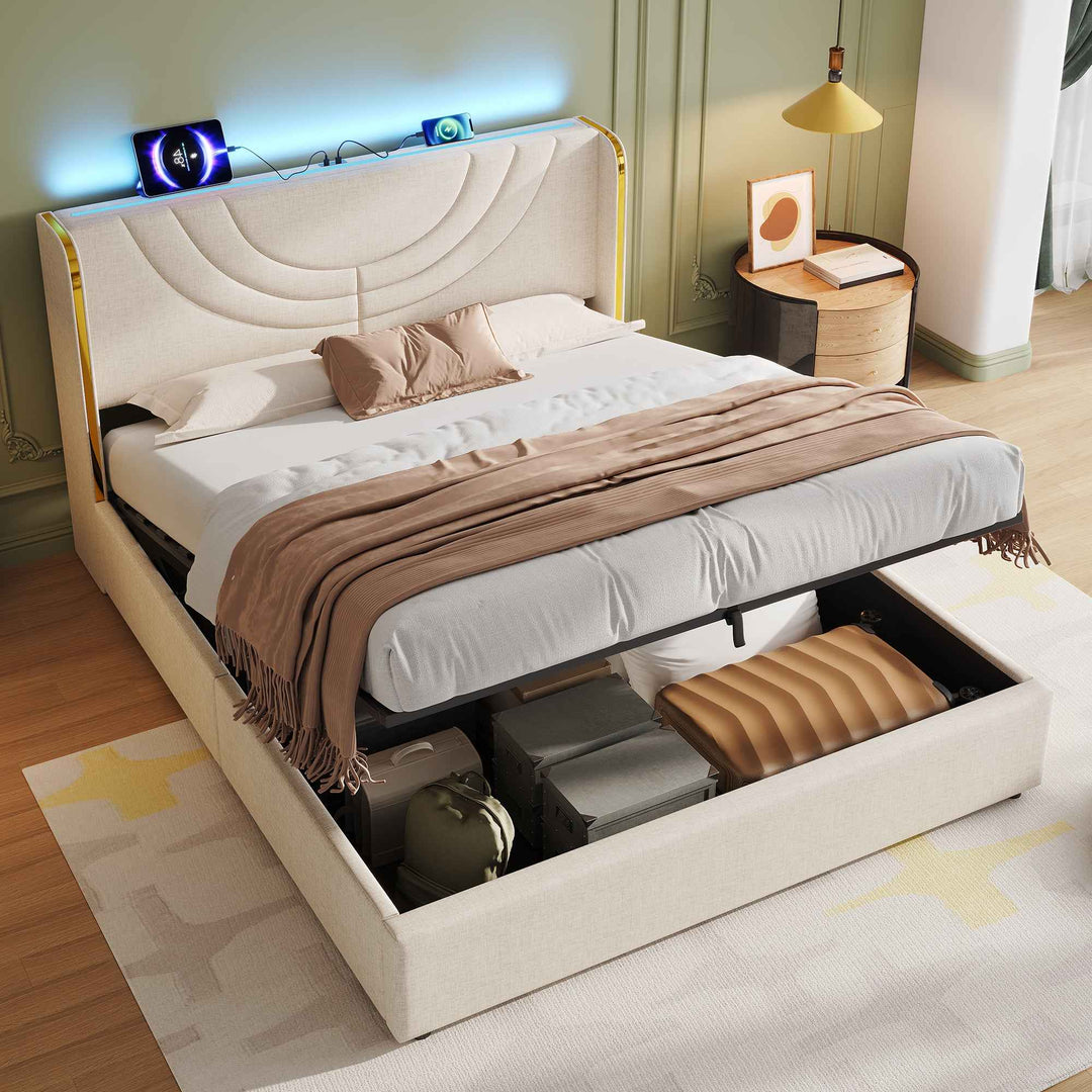 Double Bed Frame 4ft6 with Hydraulic Storage, LED Headboard, USB & Type-C Charging, Linen Upholstered, Chrome Trim, Beige, No Box Spring Needed, Ideal for Modern Bedrooms (No Mattress)