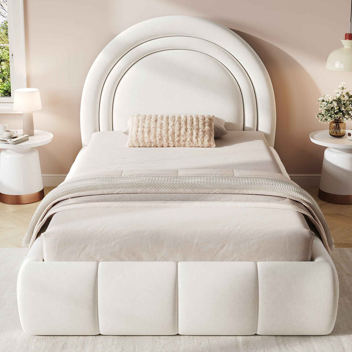 00+Single Upholstered Bed 90x190cm Velvet Beige with Hydraulic Storage, Space Saving for Kids Room COMPACTSTONEONE