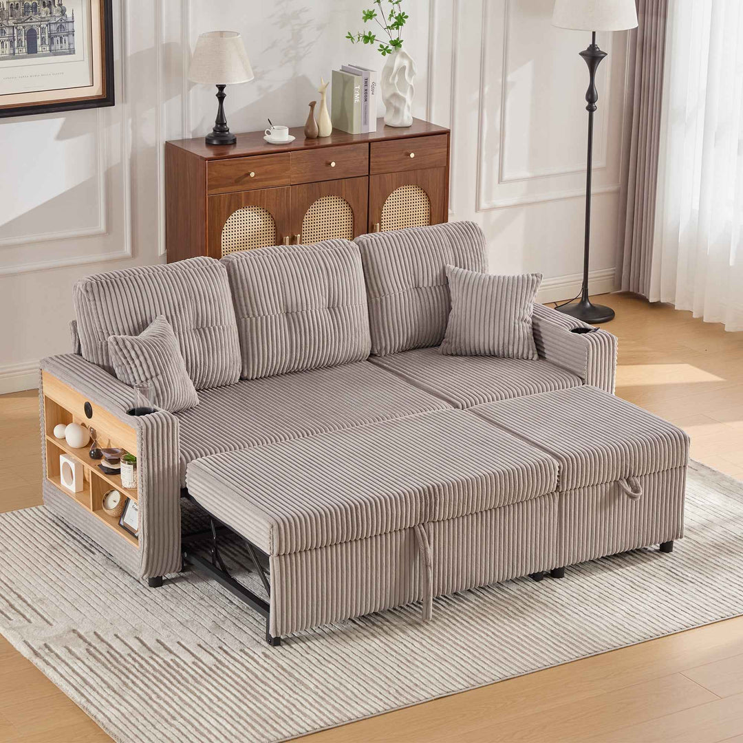 00+缺图 Sofa Bed Light Grey Corduroy 196 cm, Pull-Out Guest Bed with Storage VANITYAIR