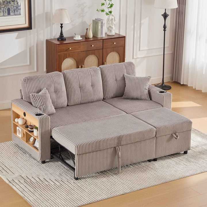 00+缺图 Sofa Bed Light Grey Corduroy 196 cm, Pull-Out Guest Bed with Storage VANITYAIR