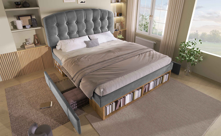 King Size Upholstered Bed Frame with Storage Drawers, Adjustable Velvet Headboard, Grey, 150x200cm, Space-Saving Modern Design for Bedroom