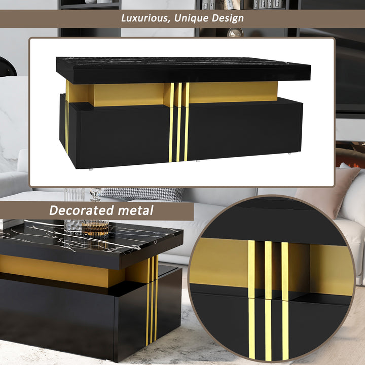 Modern black coffee table with marble-pattern top golden accents LEDGER