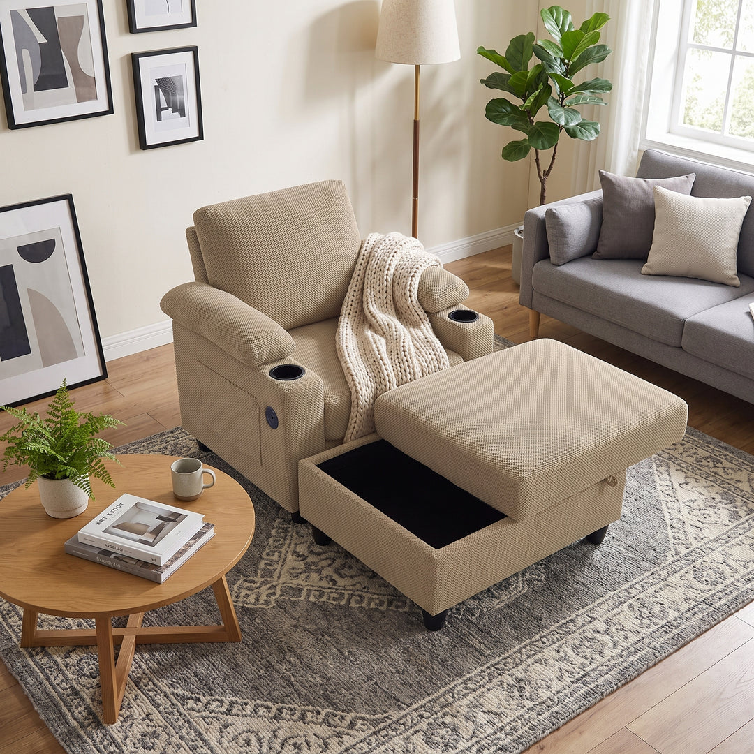 Multi-Functional Camel Corduroy Single Sofa with Adjustable Back and Hidden Storage Ottoman WOODONE
