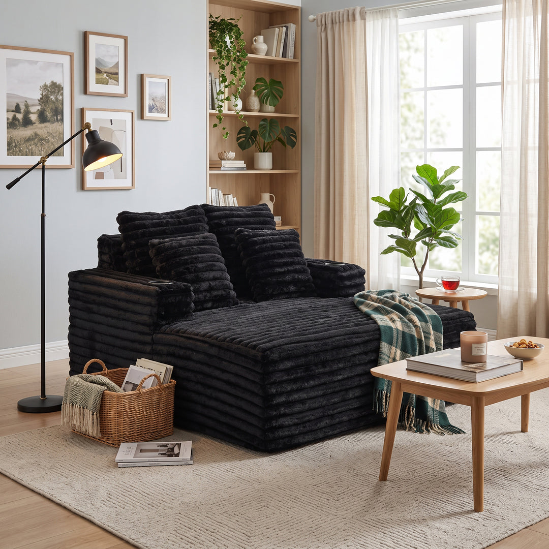 Black Ribbed Velvet Extra-Large Lounge Chair with Cupholders WICKERNIGHTSTAND