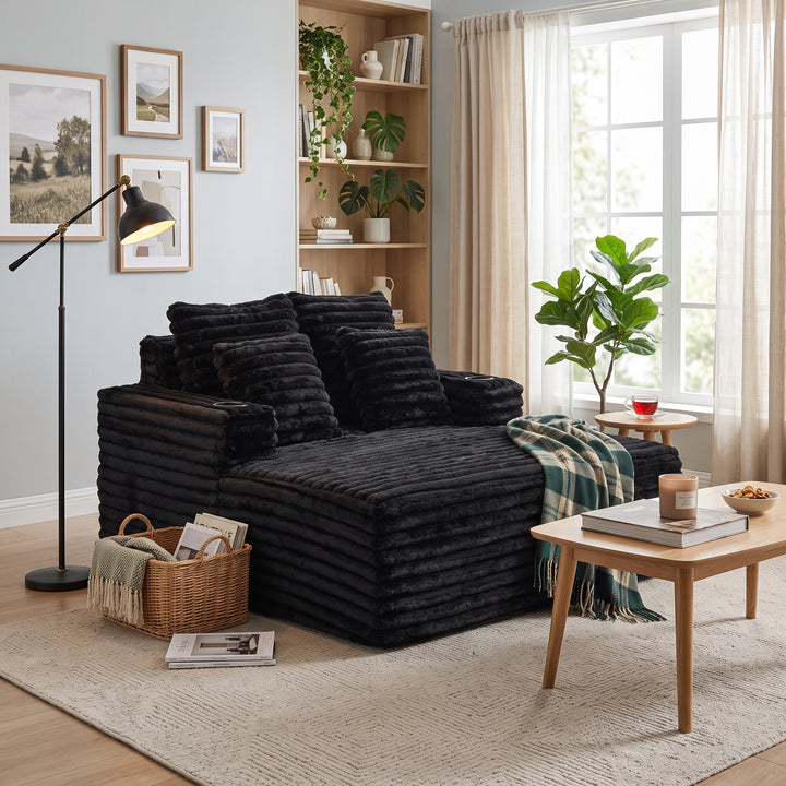 Black Ribbed Velvet Extra-Large Lounge Chair with Cupholders WICKERNIGHTSTAND