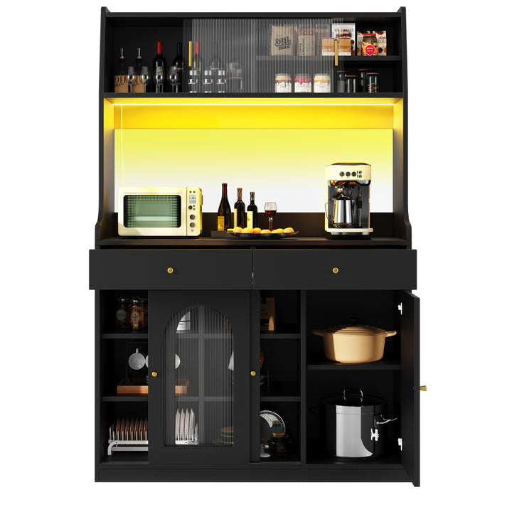 Black high kitchen hutches with glass display and LED lighting BATHOLITH