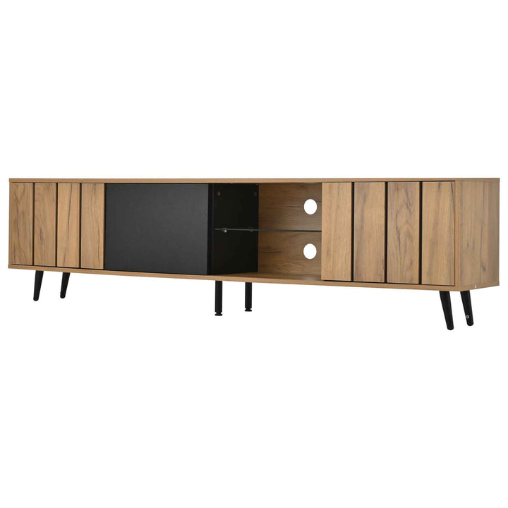 TV stand cabinet wood look & black, 3 doors glass shelf FLAREKRYOS
