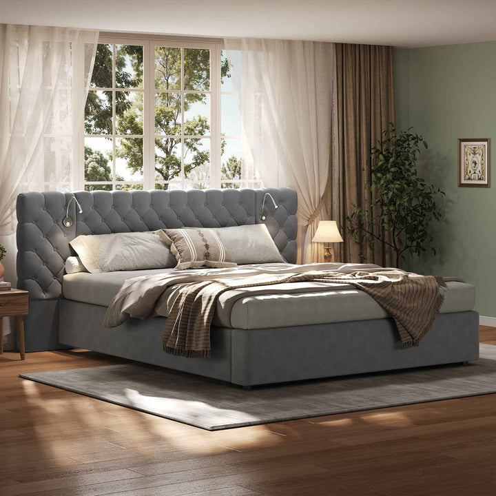 King Size Upholstered Bed with Hydraulic Storage, Reading Light, Wide Velvet Headboard, Grey, 150x200cm – Modern Space-Saving Bedroom Solution (Excludes Mattress & Bedside Tables)