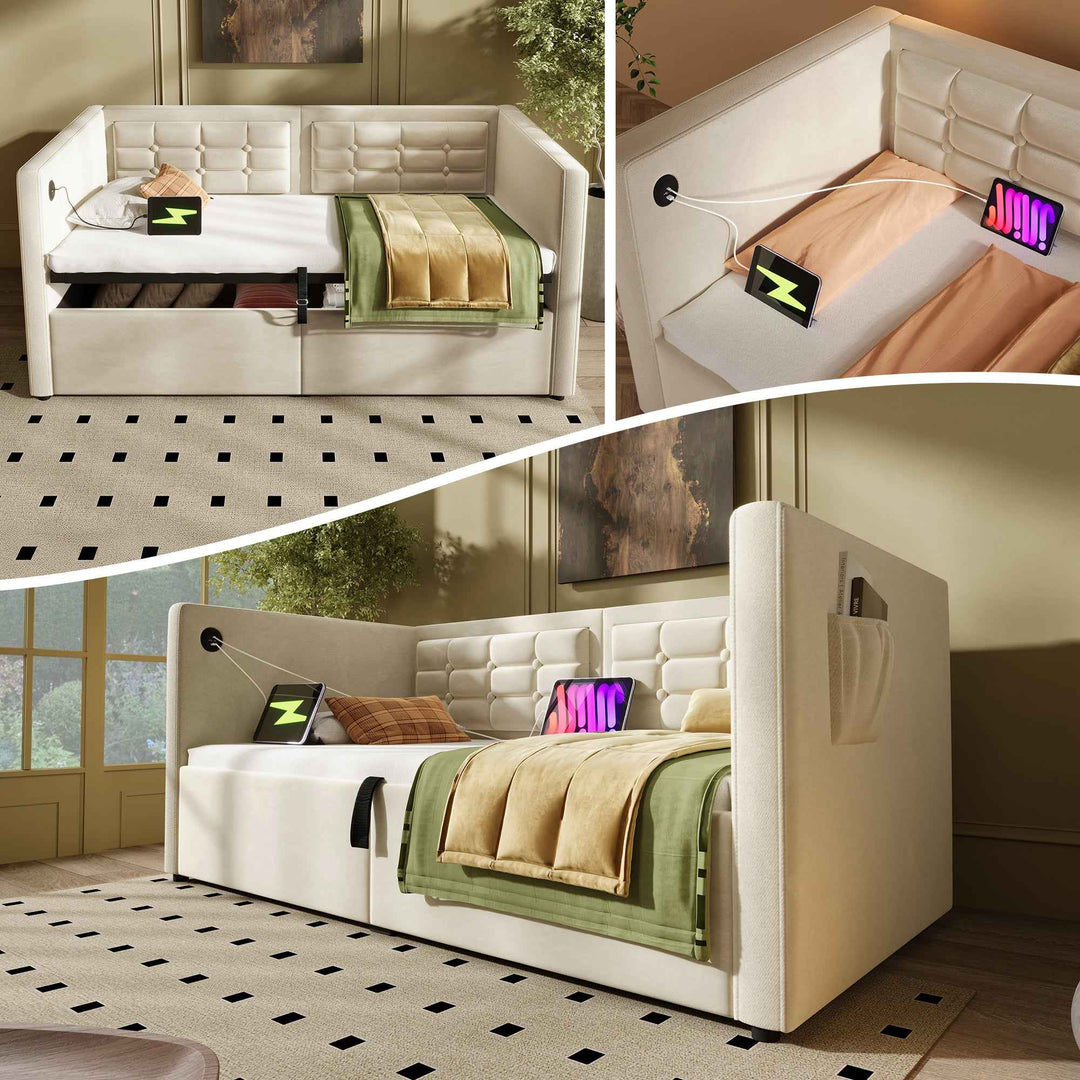 Daybed Upholstered Bed 90x190cm Velvet Beige, Single Sofa Bed with USB & Type-C Charging, Hydraulic Storage, 3FT, for Bedroom & Living Room (No Mattress)