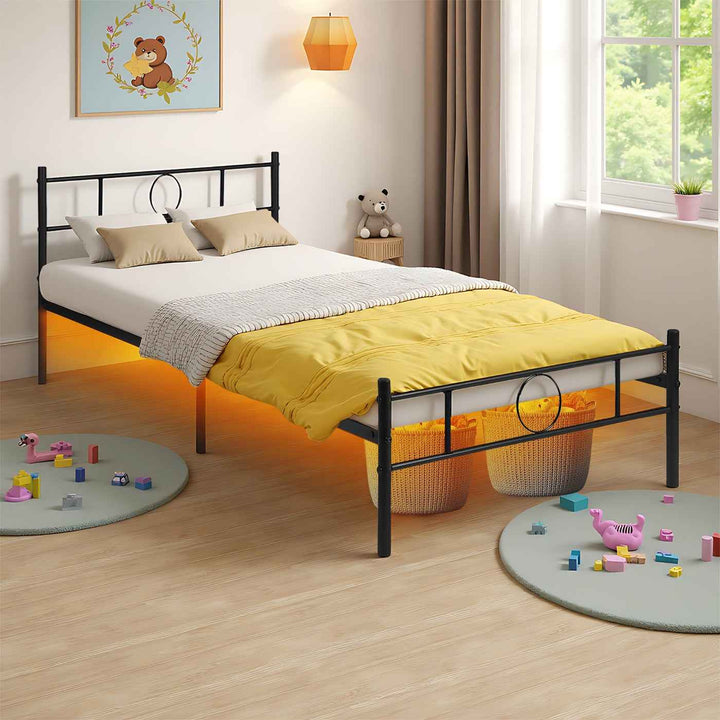 Single Metal Bed Frame Black 90x190cm Space-Saving Sturdy Steel Bed for Bedroom CIRCLE SI BK C
