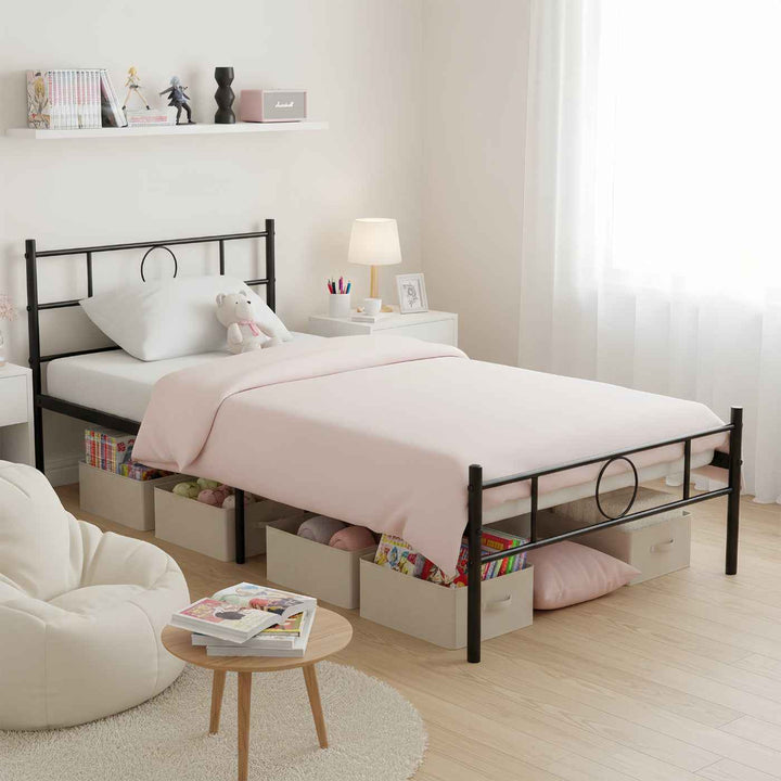 Single Metal Bed Frame Black 90x190cm Space-Saving Sturdy Steel Bed for Bedroom CIRCLE SI BK C