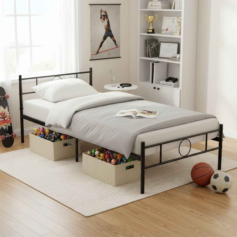 Single Metal Bed Frame Black 90x190cm Space-Saving Sturdy Steel Bed for Bedroom CIRCLE SI BK C