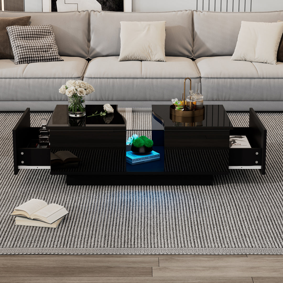 Black high gloss coffee table with 2 drawers with 16-Color LED lights 100*35cm SCALESKIN