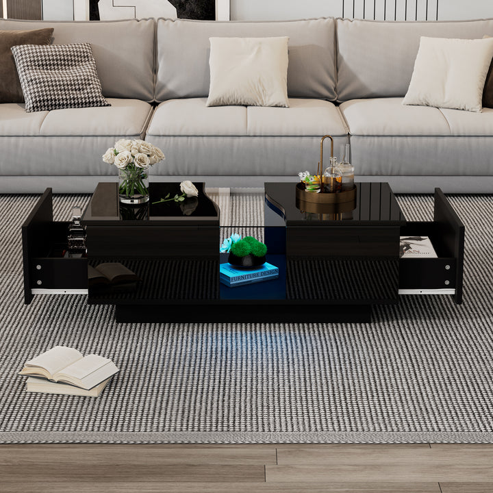 Black high gloss coffee table with 2 drawers with 16-Color LED lights 100*35cm SCALESKIN