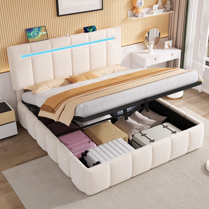 Upholstered beige boucle divan double bed with storage LED lights 135x190cm MAGMASWELL UK