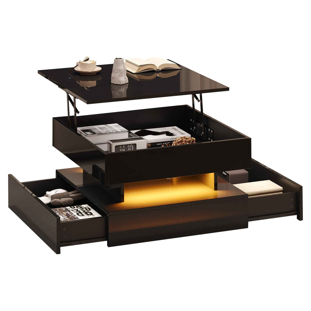 Lift top black high gloss coffee table with LED 2 drawers INFINITEMOMENTUU