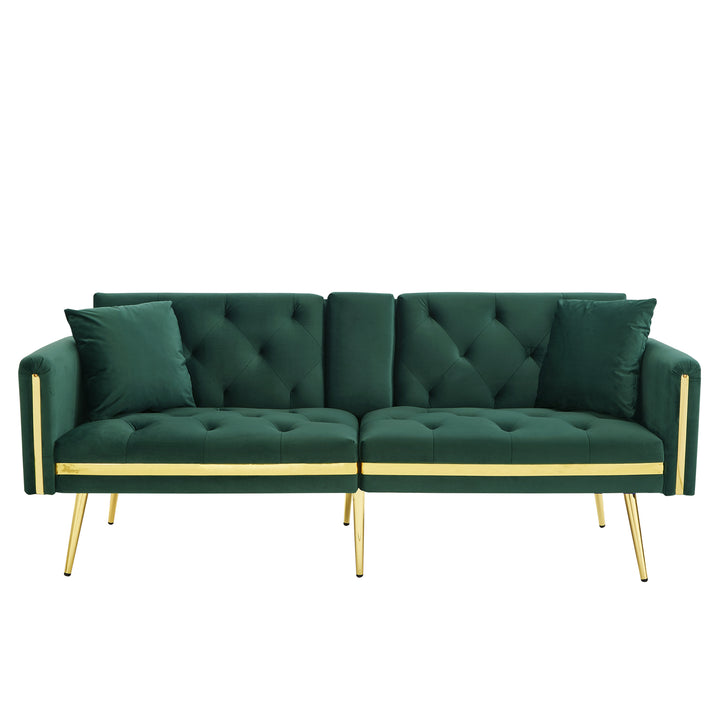 Green tufted velvet 2-seater sofa bed with adjustable backrest and hidden cup holders golden accent HYDROPON