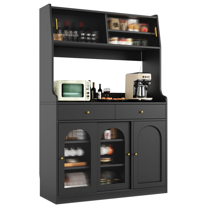 Black high kitchen hutches with glass display and LED lighting BATHOLITH