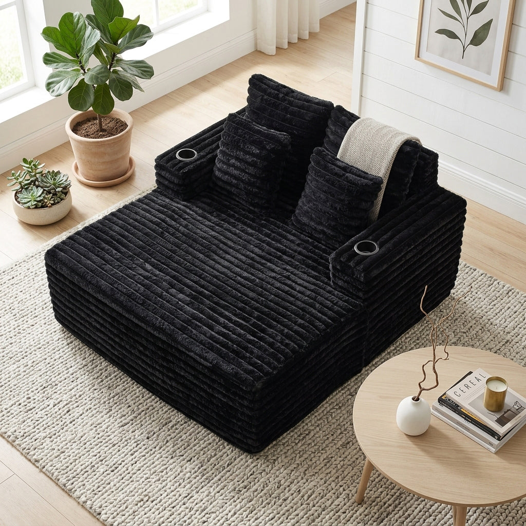 Black Ribbed Velvet Extra-Large Lounge Chair with Cupholders WICKERNIGHTSTAND