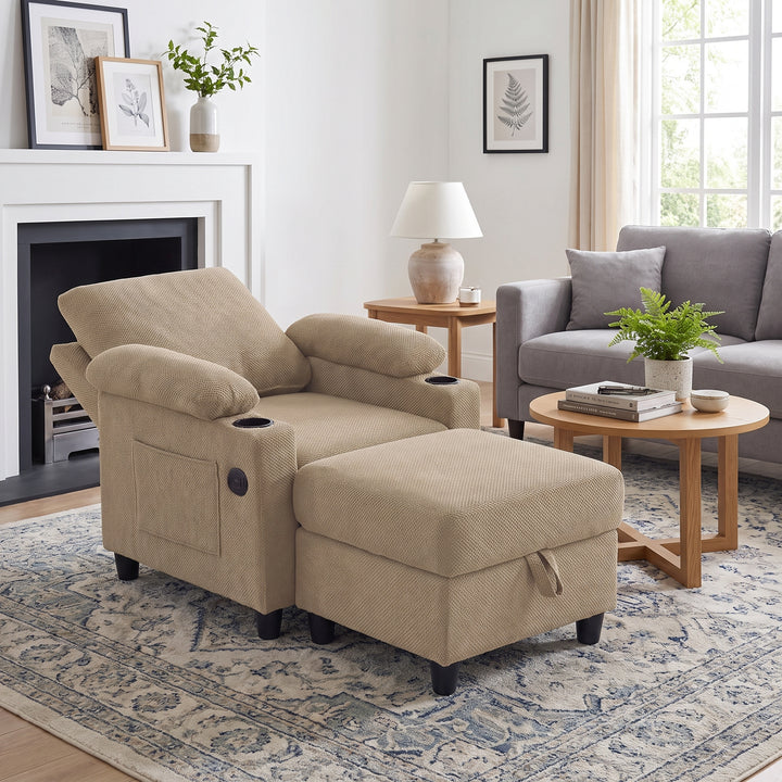 Multi-Functional Camel Corduroy Single Sofa with Adjustable Back and Hidden Storage Ottoman WOODONE