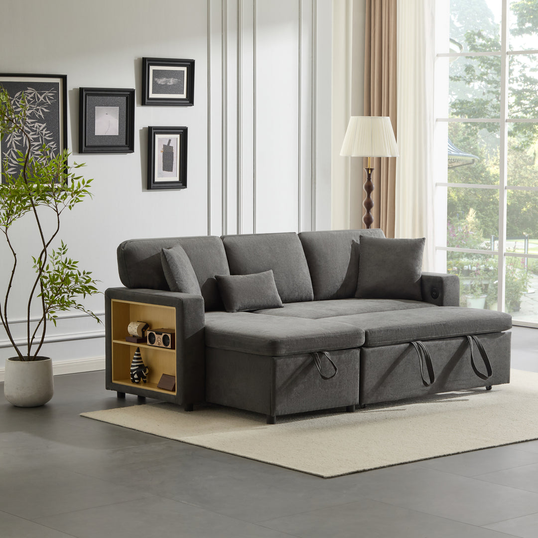 Grey L-shaped corner sofa bed, side shelf with integrated USB and storage VOLATILGAS