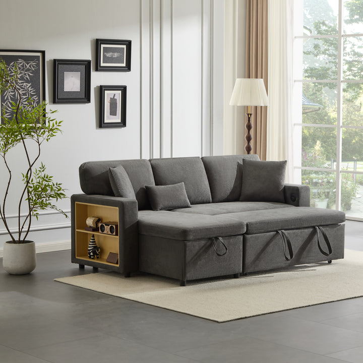 Grey L-shaped corner sofa bed, side shelf with integrated USB and storage VOLATILGAS