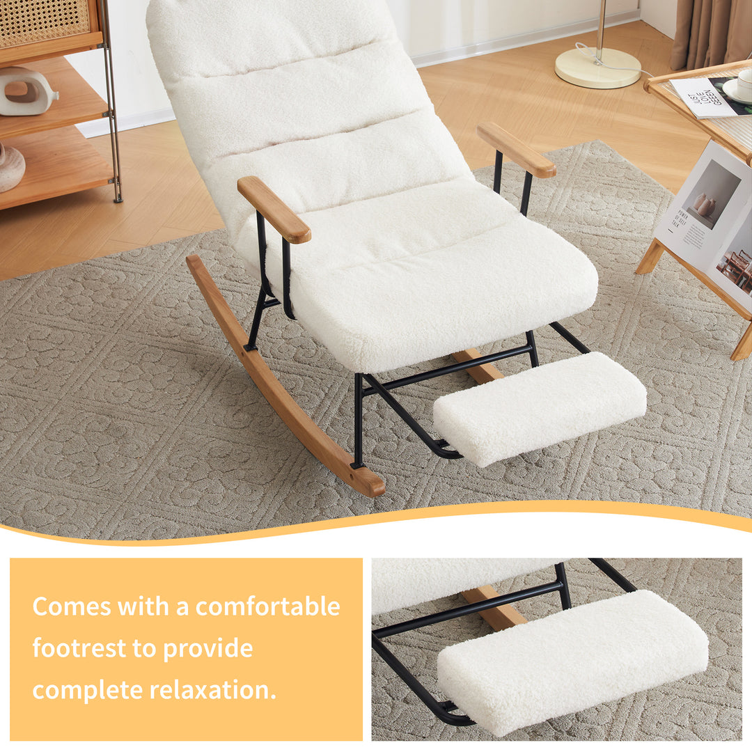 White boucle fabric nursery rocking chair with glider footrest PATINA UK