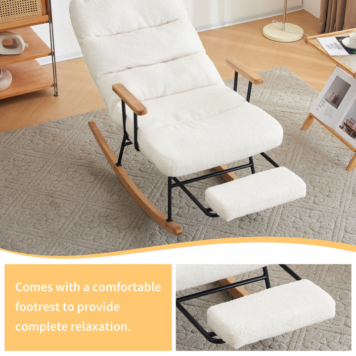 White boucle fabric nursery rocking chair with glider footrest PATINA UK