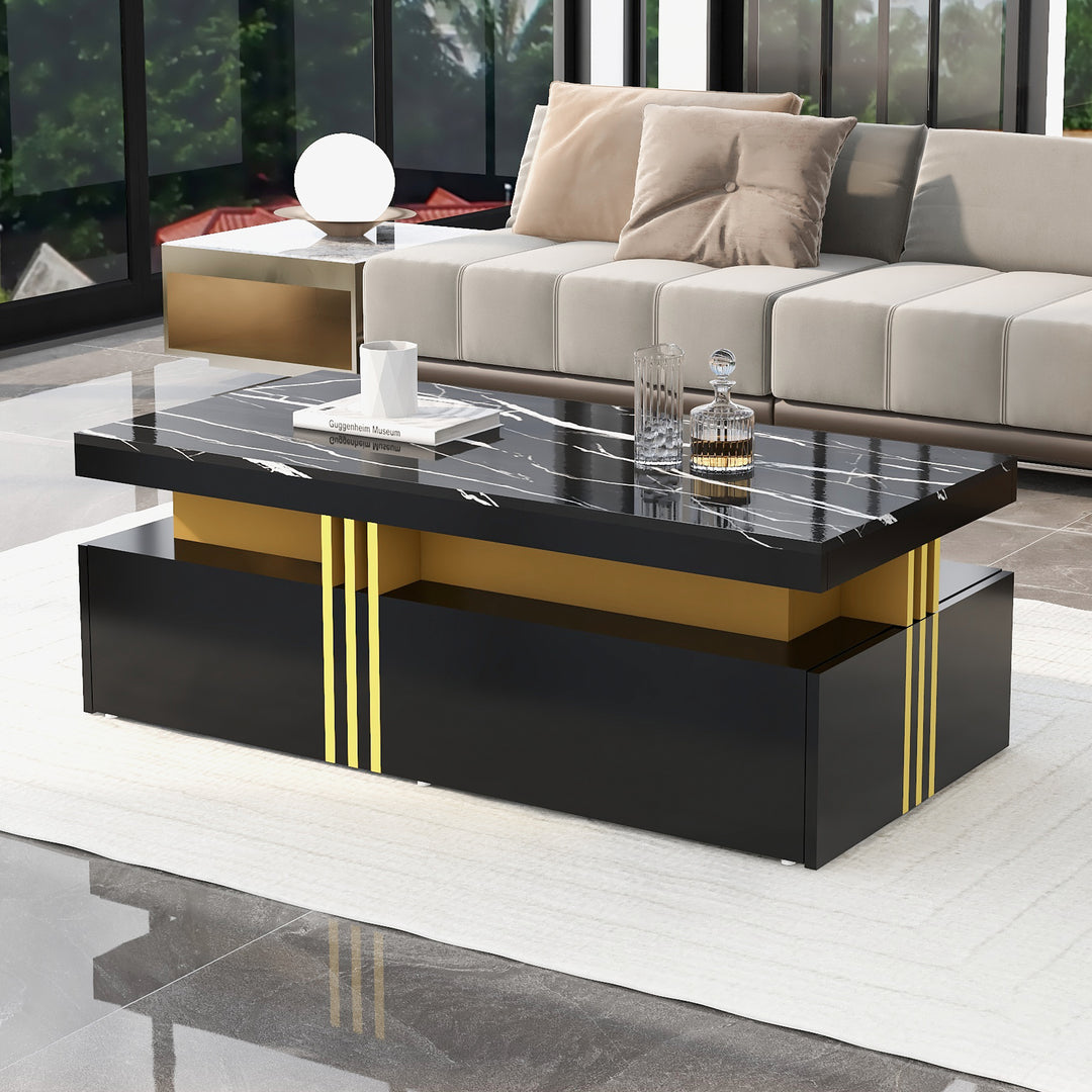 Modern black coffee table with marble-pattern top golden accents LEDGER
