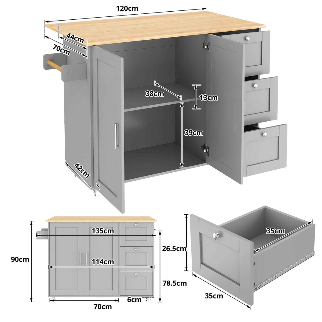 00+Kitchen Island on Wheels Grey Foldable Tabletop, 3 Drawers, 2 Doors, for Dining & Living Room VERTEXRYN
