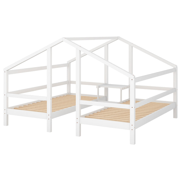 White wooden twin bed, 2 single beds under one roof with slats ZEQRIX UK