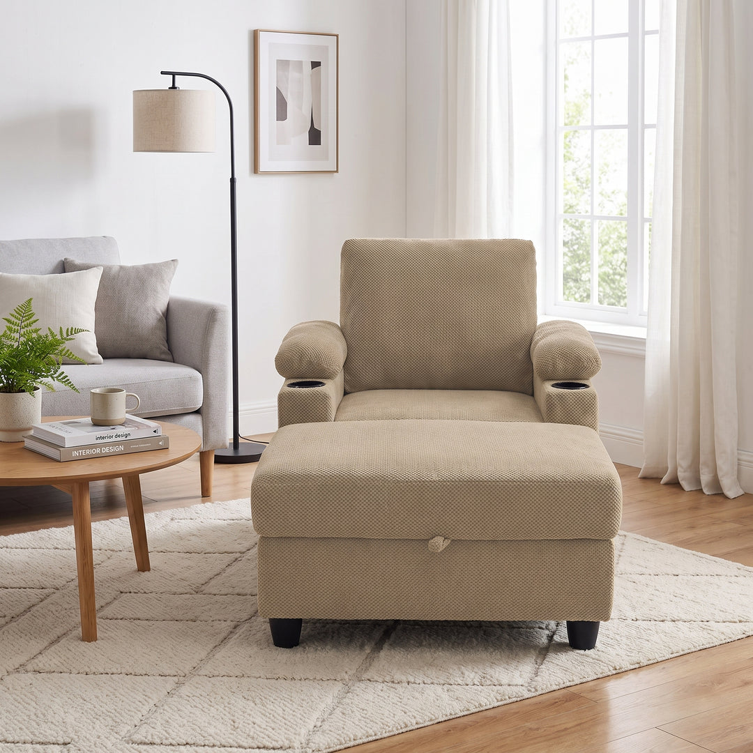 Multi-Functional Camel Corduroy Single Sofa with Adjustable Back and Hidden Storage Ottoman WOODONE