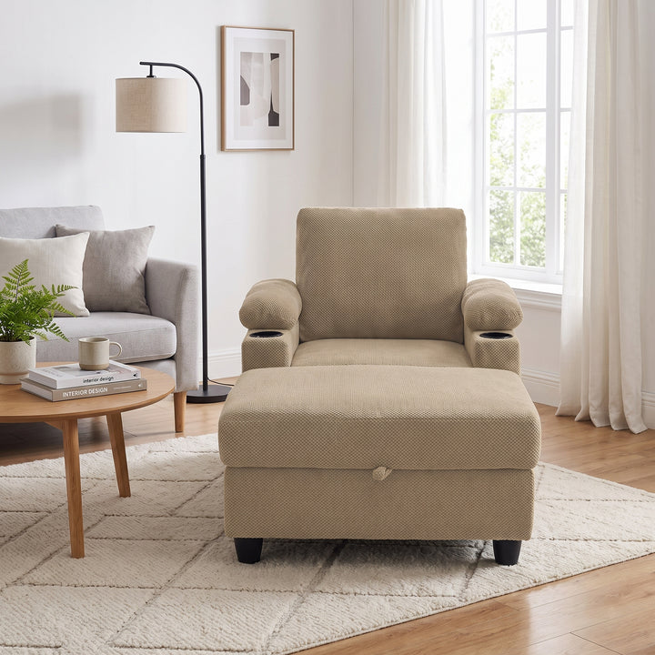 Multi-Functional Camel Corduroy Single Sofa with Adjustable Back and Hidden Storage Ottoman WOODONE