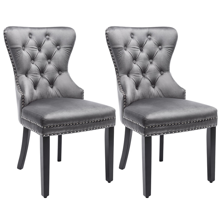 Set of 2 dark grey velvet upholstery button dining chairs with oak black legs with stud LEPROSE