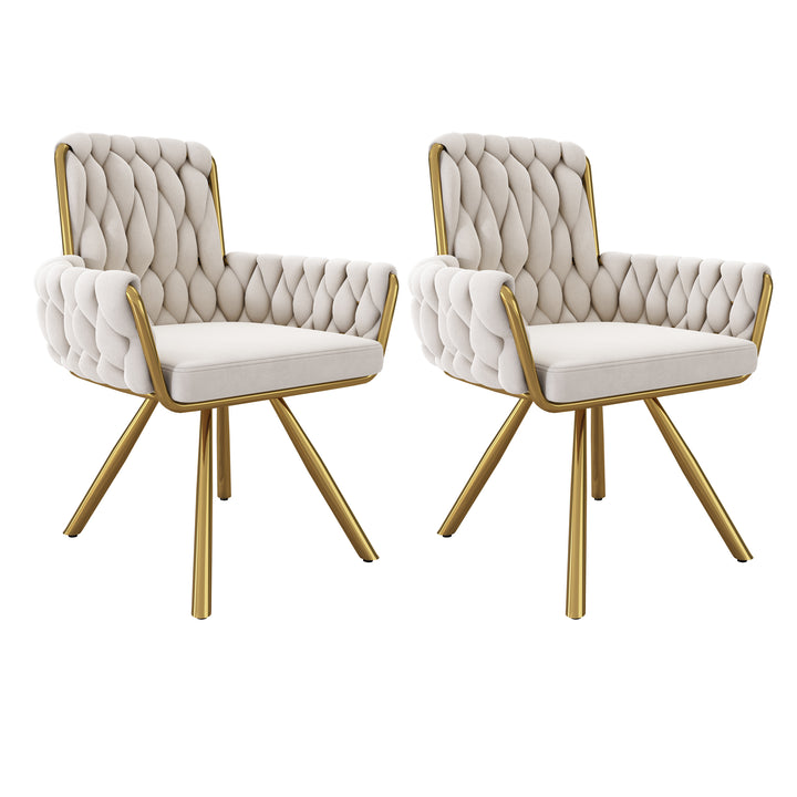 Set of 2 tufted beige velvet upholstery 360° swivel dining & lounge chair quilted gold base SALTGLAND