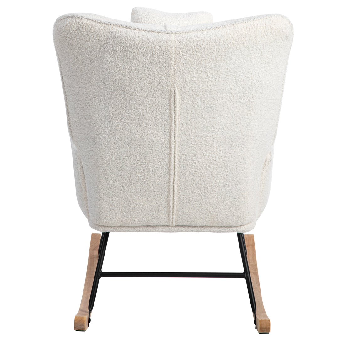 White bouclé fabric rocking chair with footstool and neck pillow PHLOEM
