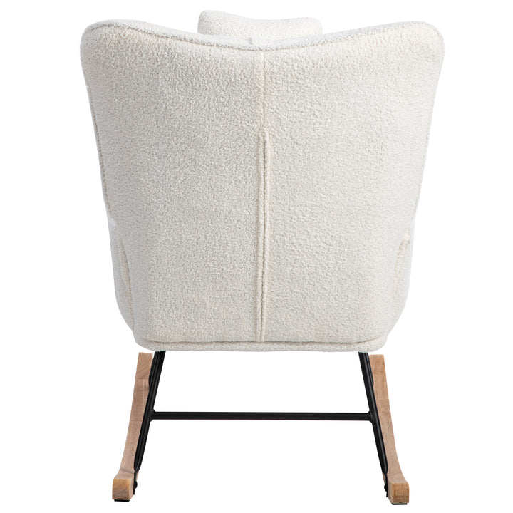 White bouclé fabric rocking chair with footstool and neck pillow PHLOEM